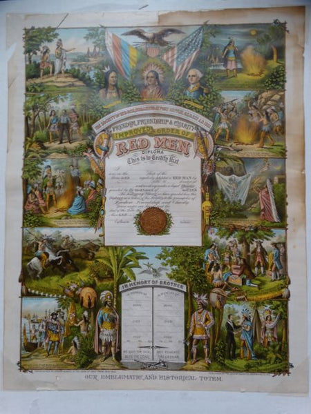 Improved Order of The Red Men Diploma Certificate of Membership (Tammany Hall) Litho Poster