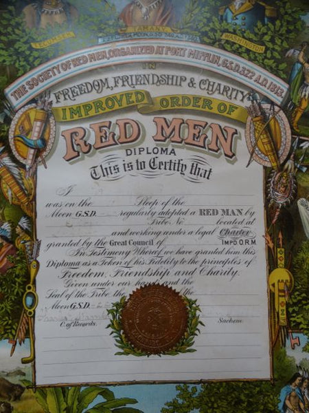 Improved Order of The Red Men Diploma Certificate of Membership (Tammany Hall) Litho Poster