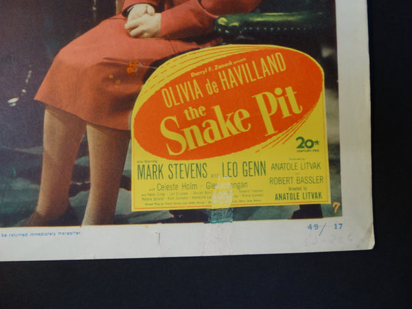 THE SNAKE PIT 1948 lobby card, autographed by Olivia De Havilland