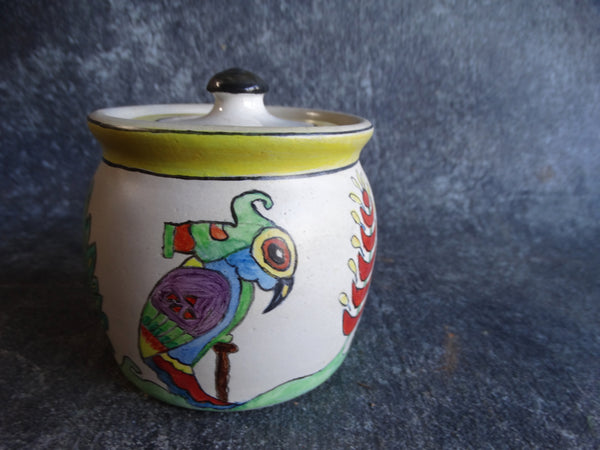 Bauer Plainware White Spice Jar with Hand-painted Parrot Motif c1930s B3073