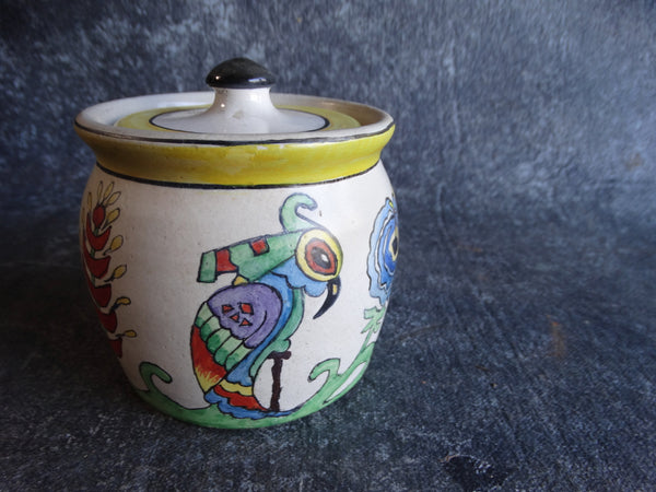 Bauer Plainware White Spice Jar with Hand-painted Parrot Motif c1930s B3073