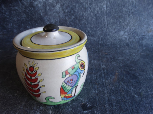 Bauer Plainware White Spice Jar with Hand-painted Parrot Motif c1930s B3073