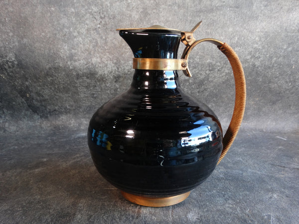 Bauer Ringware Carafe w Lid in Black w Rattan Wrapped Copper Handle B3198