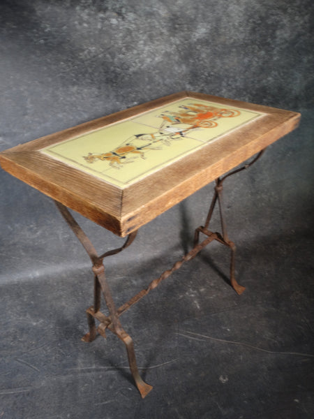 D & M Two-tile Coaching Scene Table Wood & Wrought Iron Base CA2115