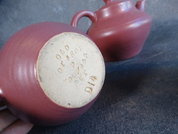 Zanesville Pottery Old Pot Shop Teapot with Creamer and Sugar Bowl circa 1940s CA2119