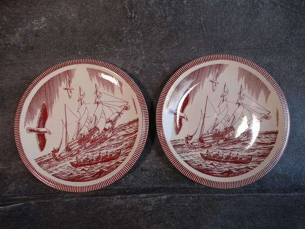 Vernon Kilns by Rockwell Kent - Moby Dick Dinner Plates in Burgundy Set of 2 CA2315