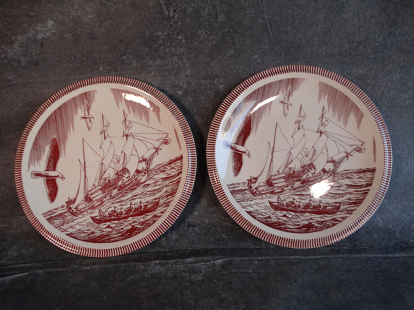 Vernon Kilns by Rockwell Kent - Moby Dick Dinner Plates in Burgundy Set of 2 CA2315