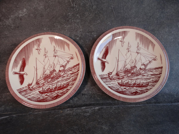 Vernon Kilns by Rockwell Kent - Moby Dick Dinner Plates in Burgundy Set of 2 CA2315