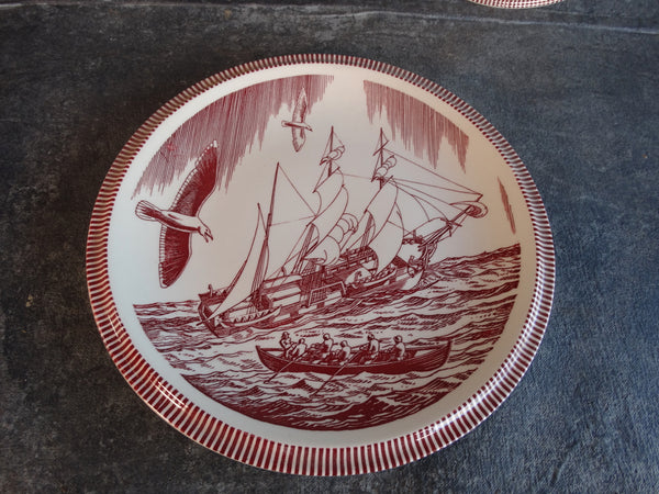 Vernon Kilns by Rockwell Kent - Moby Dick Dinner Plates in Burgundy Set of 2 CA2315