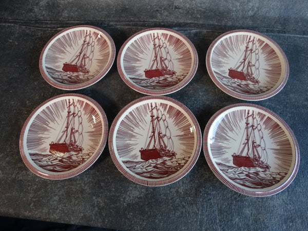 Vernon Kilns Rockwell Kent Moby Dick Set of 6  Burgundy Salad Plates CA2316