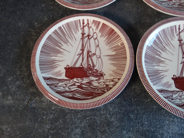 Vernon Kilns Rockwell Kent Moby Dick Set of 6  Burgundy Salad Plates CA2316