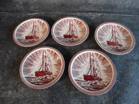 Vernon Kilns Rockwell Kent Moby Dick Set of 5 Saucers in Burgundy CA2320