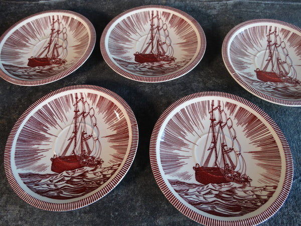 Vernon Kilns Rockwell Kent Moby Dick Set of 5 Saucers in Burgundy CA2320