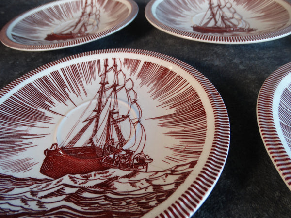 Vernon Kilns Rockwell Kent Moby Dick Set of 5 Saucers in Burgundy CA2320