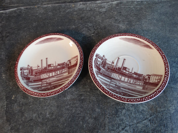 Vernon Kilns Rockwell Kent Our America Harbor Scene Pair of 6 1/4" Plates in Burgundy  CA2321