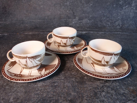 Vernon Kilns Rockwell Kent  Our America Set of 3 Demi-tasse Cups & Saucers (Rare) in Brown CA2328