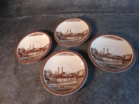 Vernon Kilns Rockwell Kent Our America Harbor Scene Set of Four Saucers in Brown CA2329