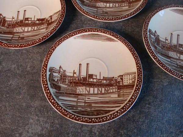 Vernon Kilns Rockwell Kent Our America Harbor Scene Set of Four Saucers in Brown CA2329