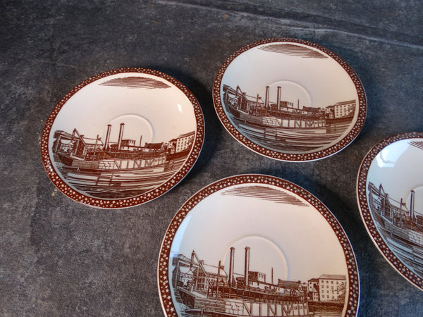 Vernon Kilns Rockwell Kent Our America Harbor Scene Set of Four Saucers in Brown CA2329