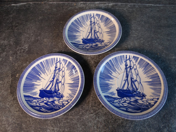 Vernon Kilns Rockwell Kent Moby Dick Set of Three 6 1/4" Saucers in Blue CA2332