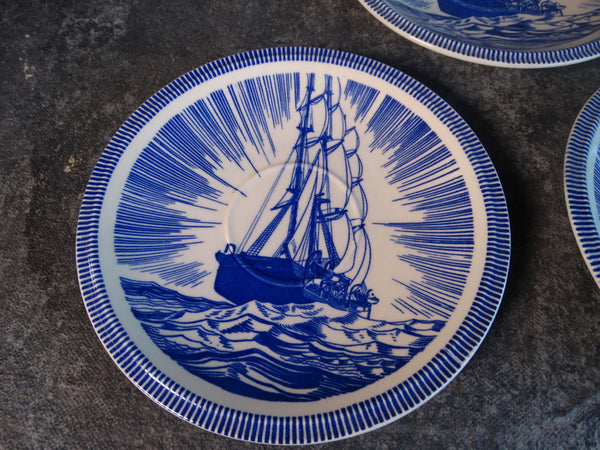 Vernon Kilns Rockwell Kent Moby Dick Set of Three 6 1/4" Saucers in Blue CA2332