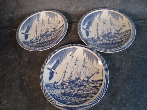 Vernon Kilns Rockwell Kent Moby Dick Three 10 1/2" Dinner Plates in Light Blue CA2336