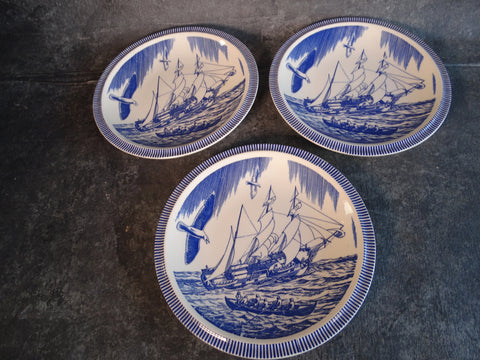 Vernon Kilns Rockwell Kent Moby Dick Set of Three 10 1/2" Dark Blue Dinner Plates CA2337