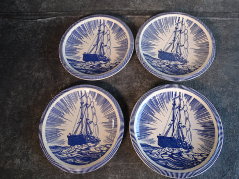 Vernon Kilns Rockwell Kent Moby Dick Set of Four & 1/2" Plates in Blue CA2342