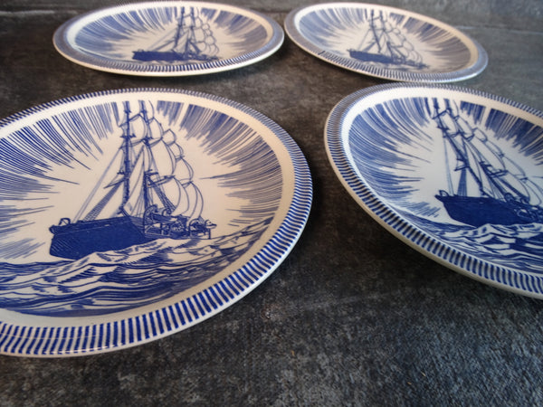 Vernon Kilns Rockwell Kent Moby Dick Set of Four & 1/2" Plates in Blue CA2342