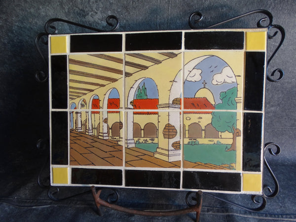 Tudor Tile Scenic 6-Tile Plaque of San Juan Capistrano with Wrought Iron Surround CA2465
