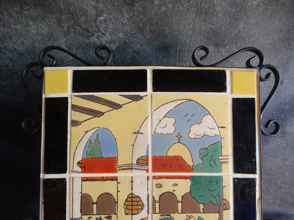 Tudor Tile Scenic 4-Tile Plaque of San Juan Capistrano with Wrought Iron Surround CA2466