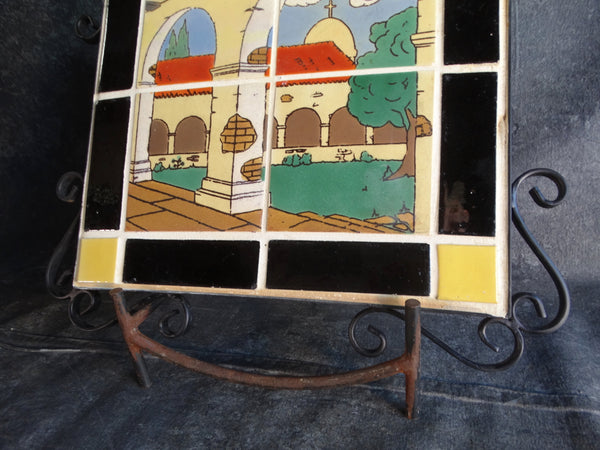 Tudor Tile Scenic 4-Tile Plaque of San Juan Capistrano with Wrought Iron Surround CA2466