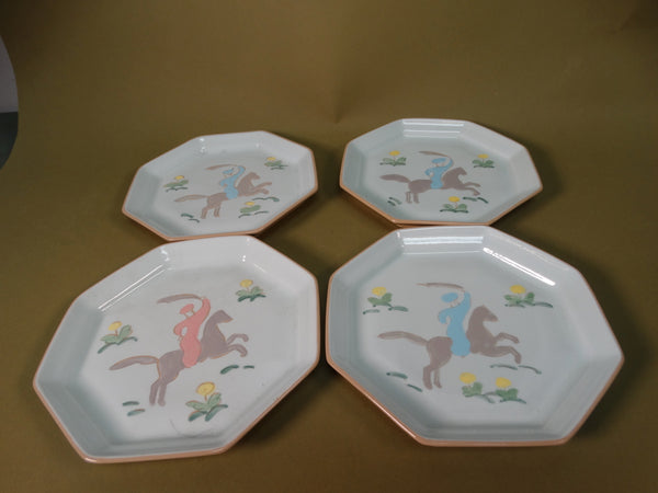 Vally Werner - Handmade California Pottery - Set of 4 Hexagonal Warrior Plates 1940s CA2516
