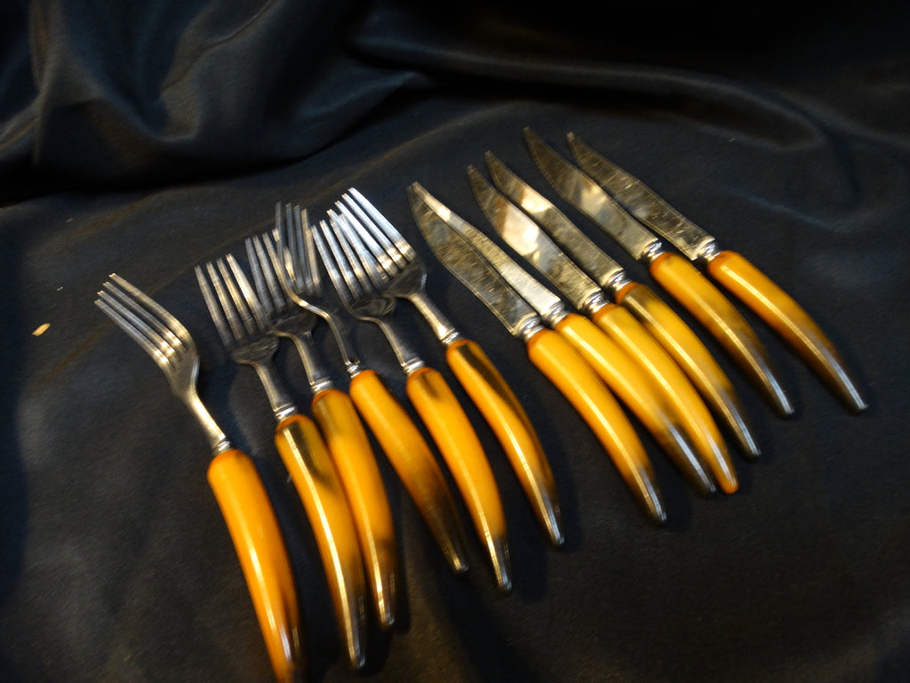 Set of 6 Knives and 6 Forks with Bakelite Faux-horn Handles