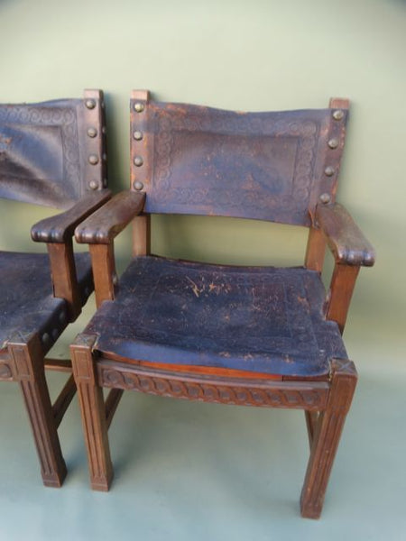Spanish Colonial George Hunt-attributed Low Back Leather Arm Chairs