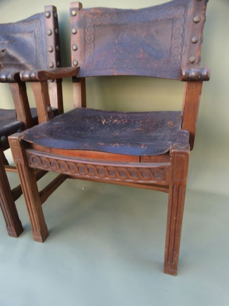Spanish Colonial George Hunt-attributed Low Back Leather Arm Chairs