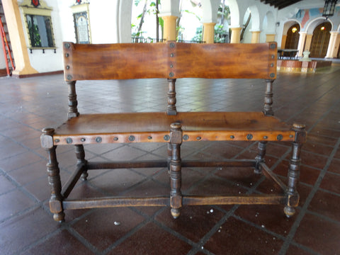 Spanish Revival Marshall Laird Wood & Leather Bench