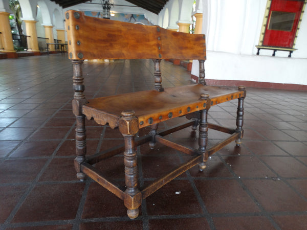 Spanish Revival Marshall Laird Wood & Leather Bench