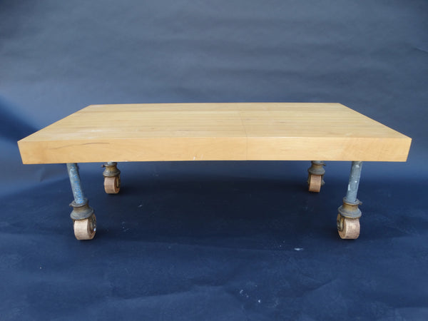 Re-Purposed Butcher Block Coffee Table with 19th Century Industrial Factory Wheels