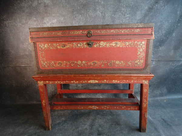 Red and Gold Camphor Wood Painted & Studded Leather Chest on a Stand circa 1900 F2293