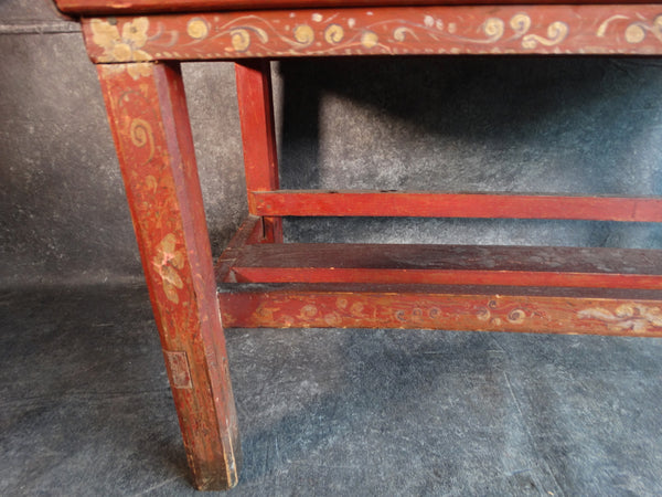 Red and Gold Camphor Wood Painted & Studded Leather Chest on a Stand circa 1900 F2293