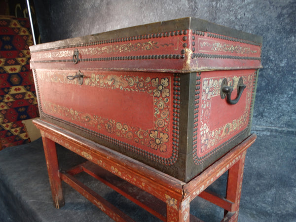 Red and Gold Camphor Wood Painted & Studded Leather Chest on a Stand circa 1900 F2293