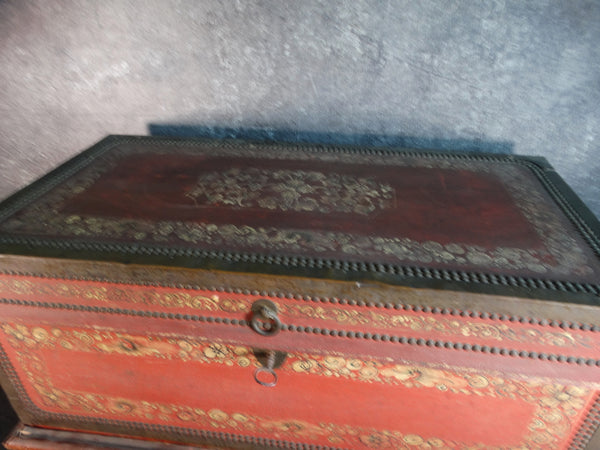 Red and Gold Camphor Wood Painted & Studded Leather Chest on a Stand circa 1900 F2293