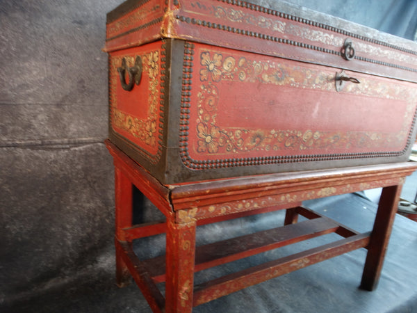 Red and Gold Camphor Wood Painted & Studded Leather Chest on a Stand circa 1900 F2293