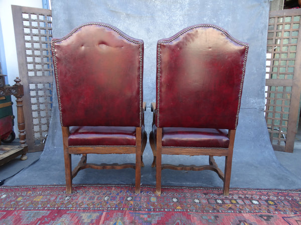 Pair of Portuguese High Back Burgundy Leather Chairs circa Late 19th Century F2395