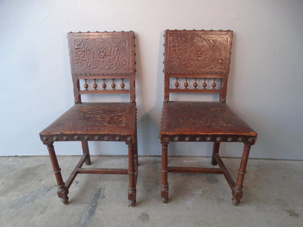 Spanish Revival Pair of Embossed Leather Chairs F2423
