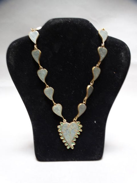 Mexican Hearts: Brass and Ground Jade Necklace