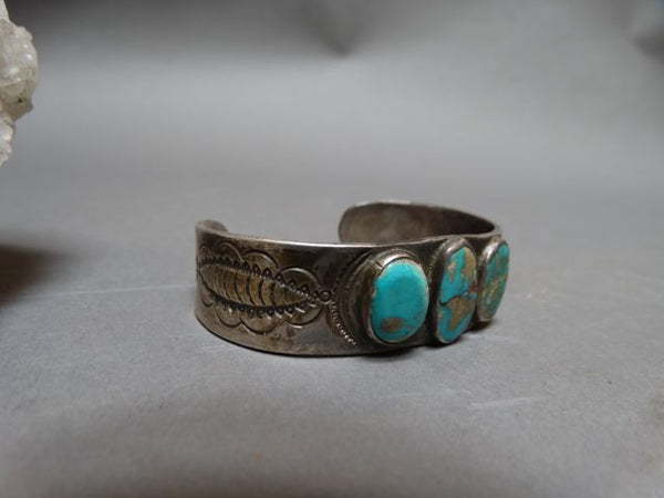 Native American Hand Tooled Silver and Turquoise cuff