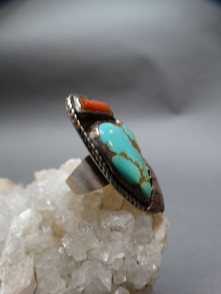 Silver, Turquoise and Coral Ring Size 9