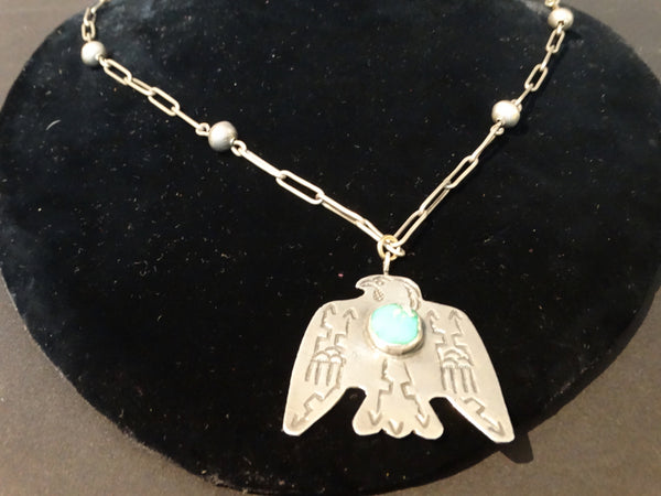 Navajo Ingot Silver Eagle Pendant with Navajo Chain c 1930